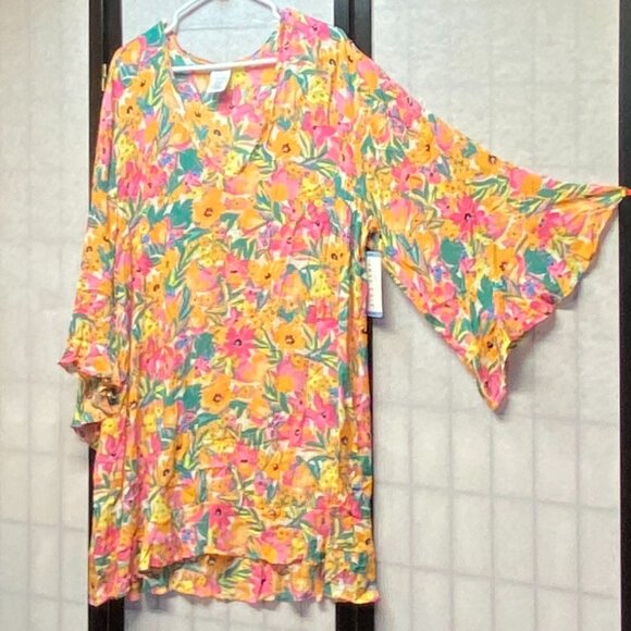 Anne Cole Ruffle Bell Sleeve V Neck Sheer Crinkle Bright Floral Tunic Dress NEW - Picture 4 of 13